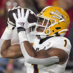 Arizona State running back Xazavian Valladay catches a touchdown pass during the first half of an NCAA college football game against Southern California Saturday, Oct. 1, 2022, in Los Angeles. (AP Photo/Mark J. Terrill)