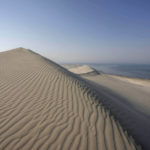
              Sand dunes meet the Khor Al Adaid Inland Sea, on the border between Qatar and Saudi Arabia, in Mesaieed, Al Wakrah state, Qatar, Thursday, Oct. 20, 2022. (AP Photo/Nariman El-Mofty)
            