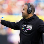Carolina Panthers head coach Matt Rhule reacts during the first half an NFL football game against the San Francisco 49ers on Sunday, Oct. 9, 2022, in Charlotte, N.C. (AP Photo/Jacob Kupferman)