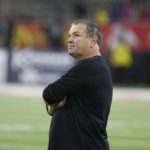 San Diego State coach Brady Hoke can only watch as Fresno State runs out the clock in a come-from-behind win during the second half of an NCAA college football game in Fresno, Calif., Saturday, Oct. 29, 2022. (AP Photo/Gary Kazanjian)
