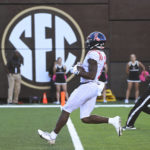 Mississippi wide receiver Jonathan Mingo (1) scores a touchdown during the second half of the team's NCAA college football game against Vanderbilt on Saturday, Oct. 8, 2022, in Nashville, Tenn. (AP Photo/John Amis)