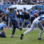 Tennessee Titans place kicker Randy Bullock (14) makes a field goal during the second half of an NFL football game against the Indianapolis Colts Sunday, Oct. 23, 2022, in Nashville, Tenn. (AP Photo/Mark Zaleski)