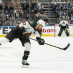 Arizona Coyotes left wing Lawson Crouse (67) scores an empty-net goal during third-period NHL hockey game action against the Toronto Maple Leafs in Toronto, Monday, Oct. 17, 2022. (Alex Lupul/The Canadian Press via AP)