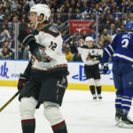 Arizona Coyotes left wing Nick Ritchie (12) celebrates after scoring a powerplay goal during first-period NHL hockey game action against the Toronto Maple Leafs in Toronto, Monday, Oct. 17, 2022. (Alex Lupul/The Canadian Press via AP)