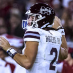 Mississippi State quarterback Will Rogers (2) drops back to pass during the first half of the team's NCAA college football game against Alabama, Saturday, Oct. 22, 2022, in Tuscaloosa, Ala. (AP Photo/Vasha Hunt)