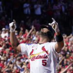 St. Louis Cardinals' Albert Pujols celebrates after hitting a solo home run during the third inning of a baseball game against the Pittsburgh Pirates Sunday, Oct. 2, 2022, in St. Louis. (AP Photo/Jeff Roberson)