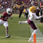 
              Arizona State wide receiver Elijhah Badger (2) cannot catch a pass in bounds in front of Stanford cornerback Kyu Blu Kelly (17) during the second half of an NCAA college football game in Stanford, Calif., Saturday, Oct. 22, 2022. (AP Photo/Jeff Chiu)
            