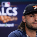 Houston Astros' Lance McCullers Jr. talks to reporters during a baseball news conference before Game 3 of an American League Championship Series against the New York Yankees at Yankee Stadium, Saturday, Oct. 22, 2022, in New York. (AP Photo/Seth Wenig)