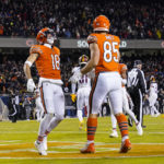 
              Chicago Bears wide receiver Dante Pettis celebrates a touchdown catch with tight end Cole Kmet in the second half of an NFL football game against the Washington Commanders in Chicago, Thursday, Oct. 13, 2022. (AP Photo/Nam Y. Huh)
            