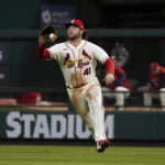 
              St. Louis Cardinals right fielder Alec Burleson catches a fly ball by Pittsburgh Pirates' Diego Castillo during the fourth inning of a baseball game Saturday, Oct. 1, 2022, in St. Louis. (AP Photo/Jeff Roberson)
            