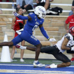 
              Cincinnati's Tyler Scott makes an apparent touchdown catch against Tulsa defender Tyon Davis during the first half of an NCAA college football game in Tulsa, Okla., Saturday, Oct. 1, 2022. The play was overturned upon review. (AP Photo/Dave Crenshaw)
            