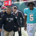 
              Miami Dolphins quarterback Teddy Bridgewater (5) leaves the field after taking a hit from the New York Jets during the first quarter of an NFL football game, Sunday, Oct. 9, 2022, in East Rutherford, N.J. (AP Photo/Seth Wenig)
            