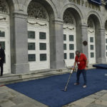 
              A worker cleans a blue carpet for arrivals before the 2022 Princess of Asturias Awards ceremony in Oviedo, northern Spain, Friday, Oct. 28, 2022. The awards, named after the heir to the Spanish throne, are among the most important in the Spanish-speaking world. (AP Photo/Alvaro Barrientos)
            