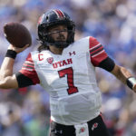 
              Utah quarterback Cameron Rising (7) throws during the first half of an NCAA college football game against UCLA in Pasadena, Calif., Saturday, Oct. 8, 2022. (AP Photo/Ashley Landis)
            
