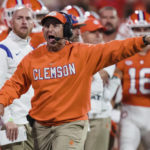 
              Clemson head coach Dabo Swinney reacts to a call in the first half of an NCAA college football game against North Carolina State, Saturday, Oct. 1, 2022, in Clemson, S.C. (AP Photo/Jacob Kupferman)
            