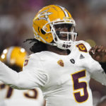 Arizona State quarterback Emory Jones passes during the first half of an NCAA college football game against Southern California Saturday, Oct. 1, 2022, in Los Angeles. (AP Photo/Mark J. Terrill)