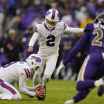 
              Buffalo Bills place kicker Tyler Bass (2) kicks a 21-yard field goal on the final play of the fourth quarter to give the Bills a 23-20 win over the Baltimore Ravens in an NFL football game Sunday, Oct. 2, 2022, in Baltimore. (AP Photo/Julio Cortez)
            