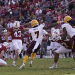 
              Stanford place-kicker Joshua Karty (43) hits the go-ahead field goal during the fourth quarter of the team's NCAA college football game against Arizona State in Stanford, Calif., Saturday, Oct. 22, 2022. (AP Photo/Jeff Chiu)
            