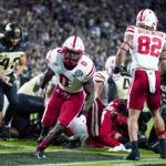 Nebraska running back Jaquez Yant (0) celebrates after a touchdown against Purdue during the first half of an NCAA college football game in West Lafayette, Ind., Saturday, Oct. 15, 2022. (AP Photo/Michael Conroy)