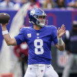 New York Giants quarterback Daniel Jones (8) throws a pass during the first half of an NFL football game against the Baltimore Ravens Sunday, Oct. 16, 2022, in East Rutherford, N.J. (AP Photo/Seth Wenig)