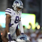 
              Kansas State wide receiver Phillip Brooks (8) celebrates after his touchdown during the first half of an NCAA college football game against Iowa State, Saturday, Oct. 8, 2022, in Ames, Iowa. (Matthew Putney)
            