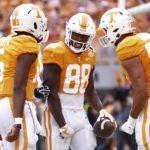 Tennessee tight end Princeton Fant (88) celebrates with teammates scoring a touchdown during the first half of an NCAA college football game against Alabama, Saturday, Oct. 15, 2022, in Knoxville, Tenn. (AP Photo/Wade Payne)