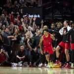 
              The Portland Trail Blazers' bench reacts after guard Anfernee Simons (1) made a basket against the Phoenix Suns during overtime in an NBA basketball game in Portland, Ore., Friday, Oct. 21, 2022. (AP Photo/Craig Mitchelldyer)
            