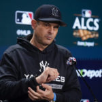 
              New York Yankees manager Aaron Boone speaks to reporters before a Game 4 of an American League Championship baseball series at Yankee Stadium, Sunday, Oct. 23, 2022, in New York. (AP Photo/Seth Wenig)
            