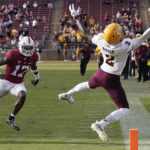 Arizona State wide receiver Elijhah Badger (2) cannot catch a pass in bounds in front of Stanford cornerback Kyu Blu Kelly (17) during the second half of an NCAA college football game in Stanford, Calif., Saturday, Oct. 22, 2022. (AP Photo/Jeff Chiu)