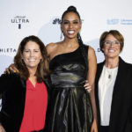 Julie Foudy, left, Mary Carillo, right, and LaChina Robinson pose for photos on the red carpet at the Women's Sports Foundation's Annual Salute to Women in Sports, Wednesday, Oct. 12, 2022, in New York. (AP Photo/Julia Nikhinson)