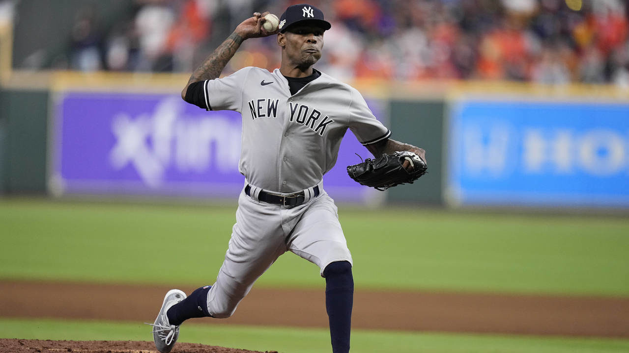 New York Yankees relief pitcher Miguel Castro (30) works on the mound during the eighth inning in G...