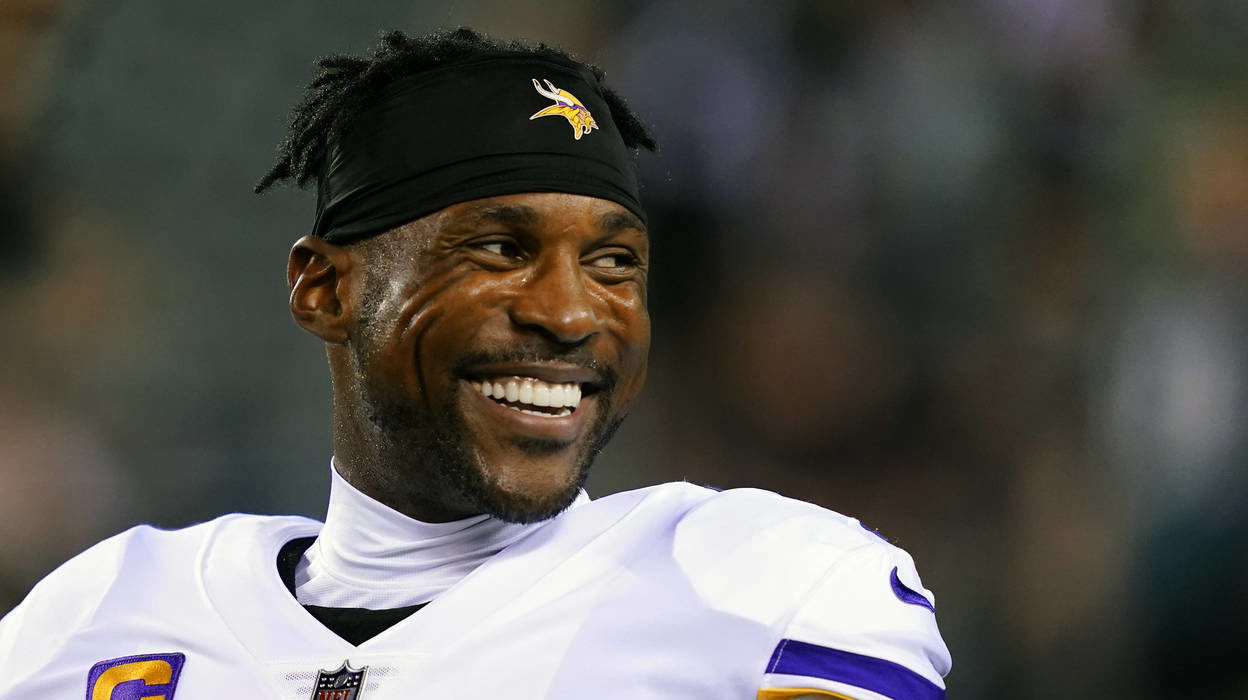 Minnesota Vikings' Patrick Peterson smiles before an NFL football game, Monday, Sept. 19, 2022, in ...