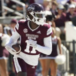 Mississippi State wide receiver Jaden Walley (11) looks for running room after catching a pass during the first half of an NCAA college football game against Arkansas in Starkville, Miss., Saturday, Oct. 8, 2022. (AP Photo/Rogelio V. Solis)