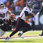 
              Atlanta Falcons quarterback Marcus Mariota (1) is chased by Cincinnati Bengals linebacker Markus Bailey (51) in the first half of an NFL football game in Cincinnati, Sunday, Oct. 23, 2022. (AP Photo/Aaron Doster)
            