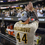 San Diego Padres starting pitcher Joe Musgrove celebrates after the Padres defeated the New York Mets in Game 3 of a National League wild-card baseball playoff series, Sunday, Oct. 9, 2022, in New York. (AP Photo/John Minchillo)