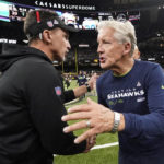
              Seattle Seahawks head coach Pete Carroll, right, and New Orleans Saints Dennis Allen shake hands after the Saints 39-32 win over the Seahawks in an NFL football game in New Orleans, Sunday, Oct. 9, 2022. (AP Photo/Derick Hingle)
            