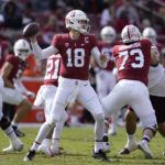 Stanford quarterback Tanner McKee (18) looks to pass against Arizona State during the first half of an NCAA college football game in Stanford, Calif., Saturday, Oct. 22, 2022. (AP Photo/Jeff Chiu)