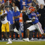 
              LSU wide receiver Jaray Jenkins, left, makes a reception in front of Florida cornerback Jaydon Hill for a 54-yard touchdown during the first half of an NCAA college football game, Saturday, Oct. 15, 2022, in Gainesville, Fla. (AP Photo/John Raoux)
            