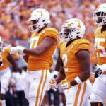 Tennessee running back Jabari Small (2) celebrates with teammates after scoring a touchdown during the first half of an NCAA college football game against Alabama, Saturday, Oct. 15, 2022, in Knoxville, Tenn. (AP Photo/Wade Payne)