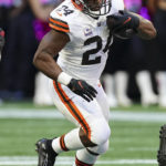 
              Cleveland Browns running back Nick Chubb (24) runs against the Atlanta Falcons during the first half of an NFL football game, Sunday, Oct. 2, 2022, in Atlanta. (AP Photo/John Bazemore)
            