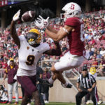 Arizona State defensive back Ro Torrence (9) defends against a pass intended for Stanford wide receiver Brycen Tremayne that fell incomplete during the second half of an NCAA college football game in Stanford, Calif., Saturday, Oct. 22, 2022. (AP Photo/Jeff Chiu)