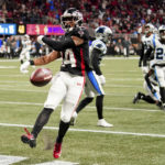 
              Atlanta Falcons wide receiver Damiere Byrd celebrates after scoring on a 47-yard touchdown catch during the second half of an NFL football game against the Carolina Panthers Sunday, Oct. 30, 2022, in Atlanta. (AP Photo/John Bazemore)
            
