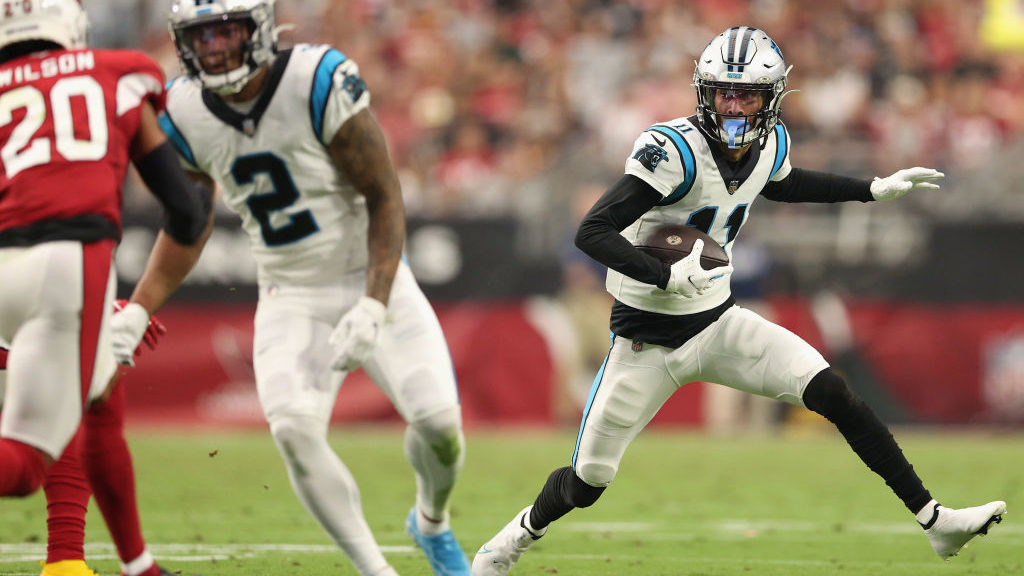 Wide receiver Robby Anderson #11 of the Carolina Panthers runs with the football after a reception ...