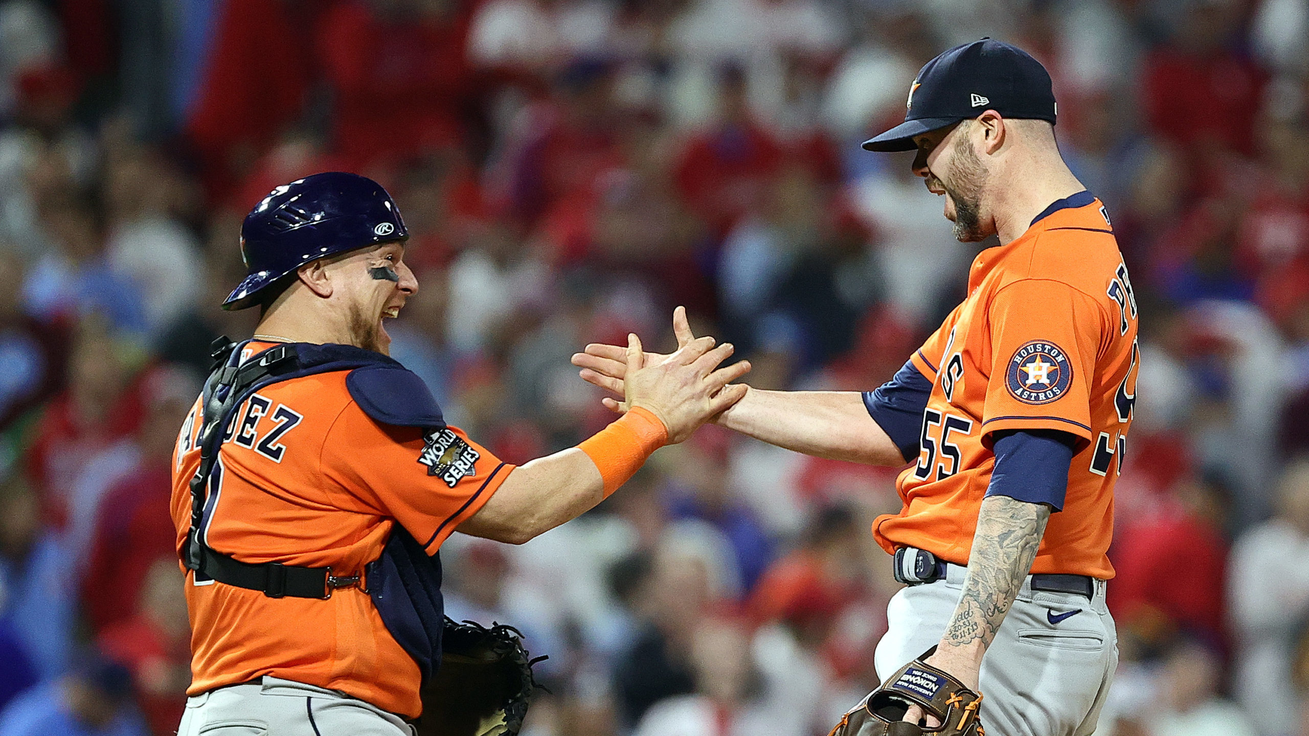 Christian Vazquez #9 and Ryan Pressly #55 of the Houston Astros celebrate a combined no-hitter to d...