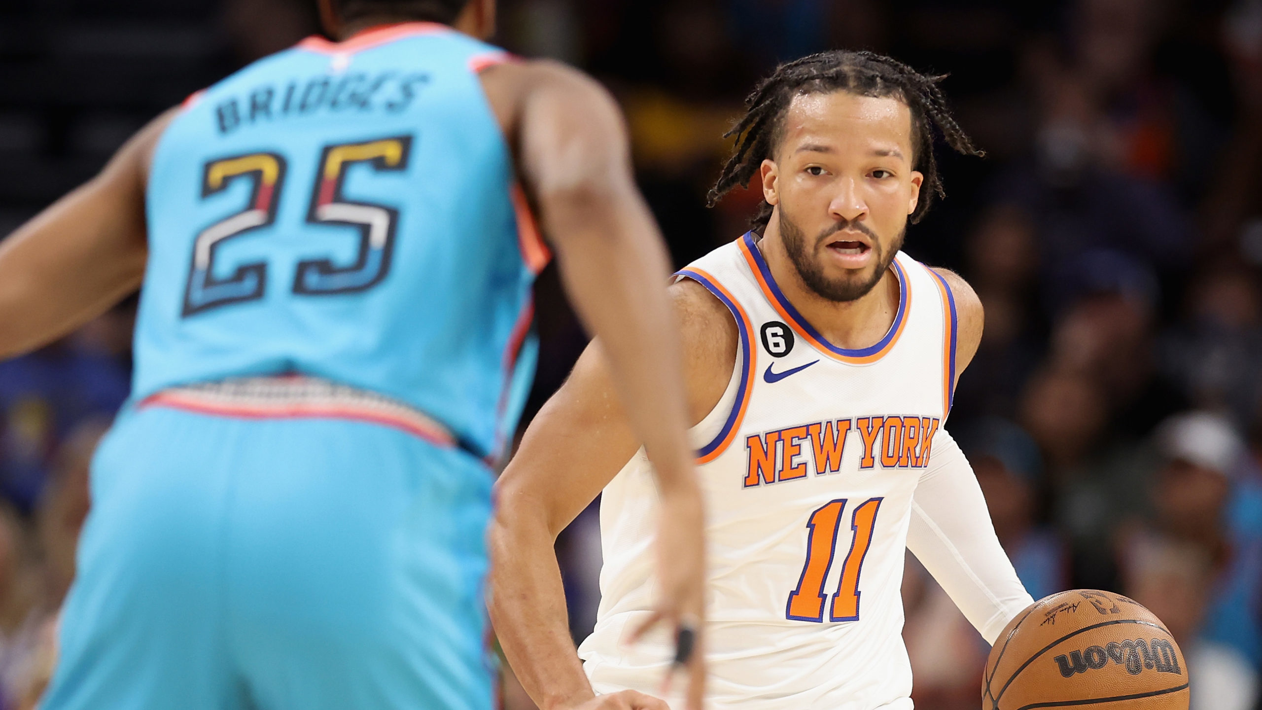Jalen Brunson #11 of the New York Knicks handles the ball during the first half of the NBA game aga...