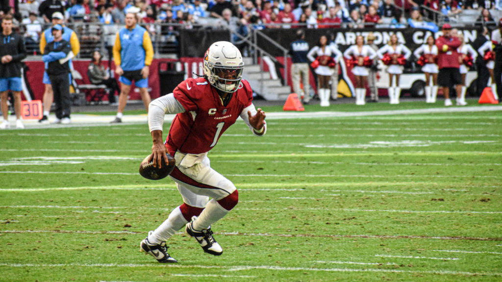 Arizona Cardinals quarterback Kyler Murray scrambles for a late first-half touchdown against the Lo...