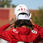 Arizona Cardinals WR Robbie Anderson puts his helmet on during practice on Friday, Nov. 11, 2022, in Tempe. (Tyler Drake/Arizona Sports)