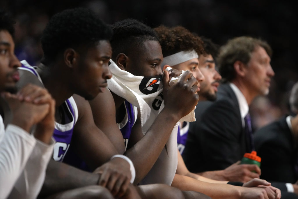 The Grand Canyon Lopes bench reacts in the final seconds of their game against the New Mexico State...