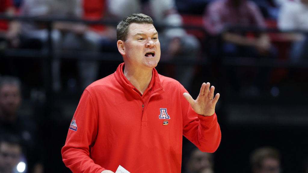 Head coach Tommy Lloyd of the Arizona Wildcats reacts during the first half against the TCU Horned ...