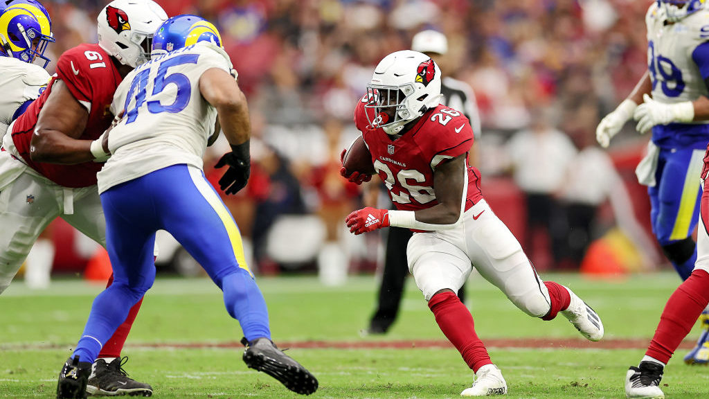 Running back Eno Benjamin #26 of the Arizona Cardinals runs with the ball during the game against t...